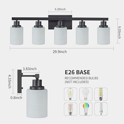 Bathroom Vanity Light, 5-Light Vanity Lighting Fixture Over Mirror for Bathroom, 30" Matte Black Wall Light Fixture, Wall Sconces with Frosted Glass Shade for Mirror Bedroom Living Room
