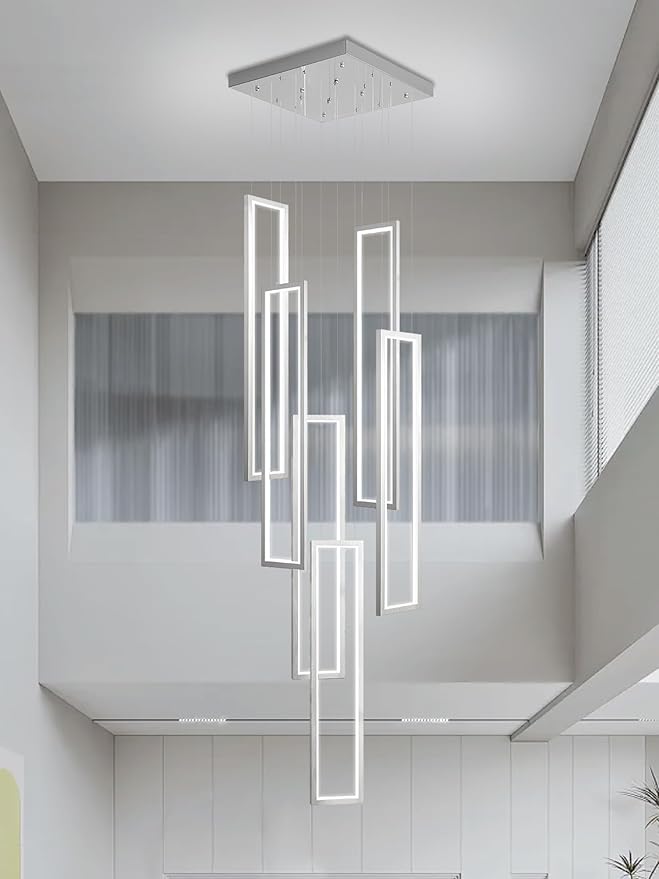 Flashing God Modern Chandelier,Silver Chandelier with 6 Ring Led Foyer Chandeliers,Larger High Ceiling Chandelier for Living Room,Square Chandelier for Entryway Staircase LED Dimming 2700k-6001k