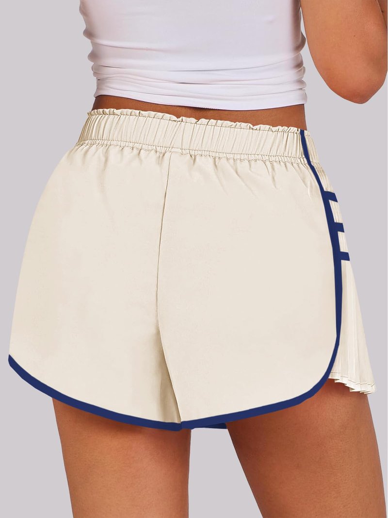 Fisoew Womens Workout Gym Shorts Running Pleated Contrast Stitch Elastic Waist Athletic Quick Dry Shorts
