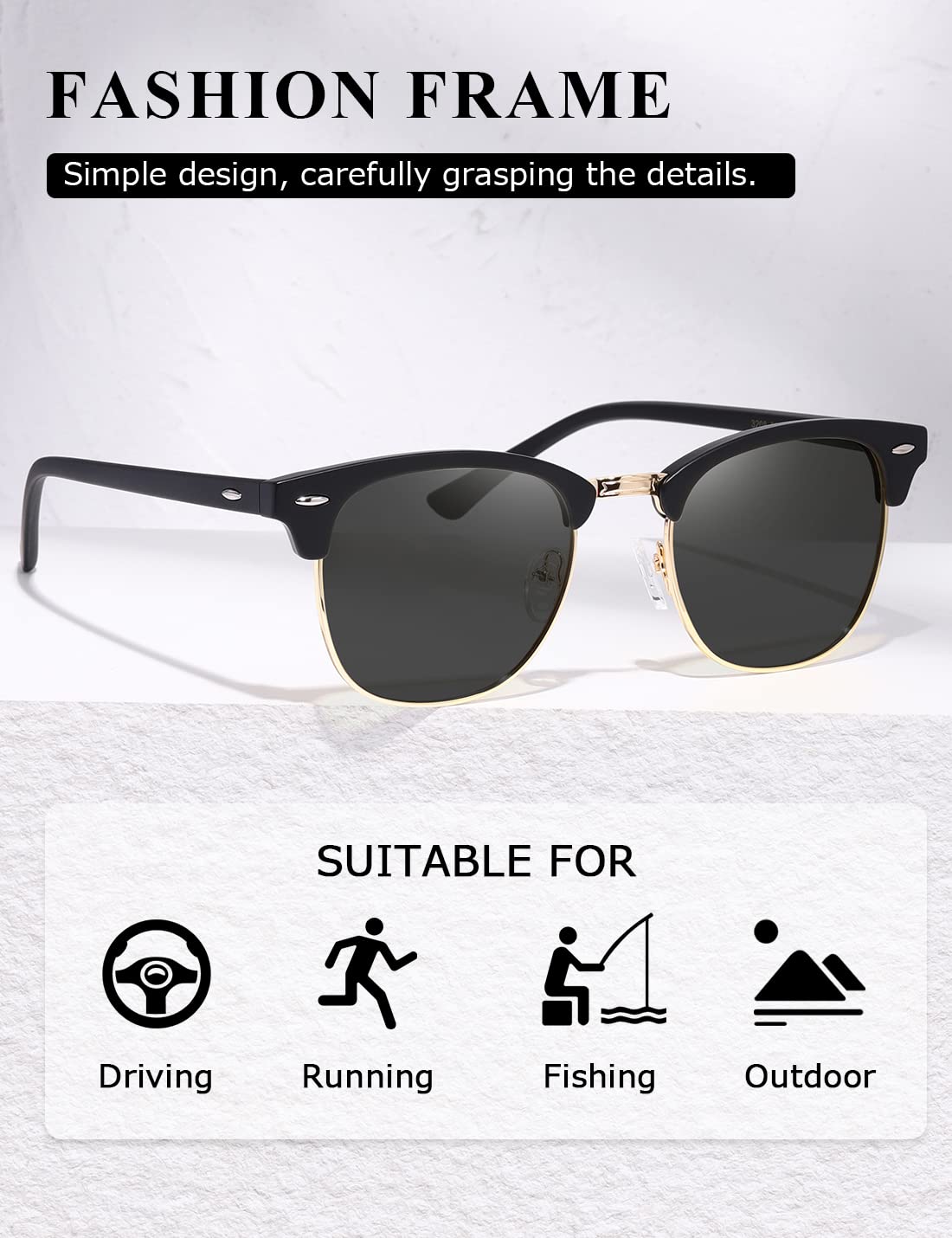 AEVOGUE Polarized Sunglasses For Women And Men Semi Rimless Frame Retro Sun Glasses AE0369 (Matte Black)