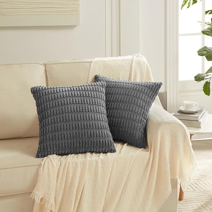 Fancy Homi Dark Grey Decorative Throw Pillow Covers 18x18 Inch for Living Room Couch Bed Sofa, Rustic Farmhouse Boho Home Decor, Soft Striped Corduroy Square Cushion Case 45x45 cm