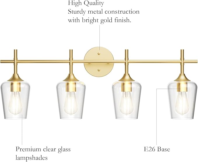 Ralbay 4-Lights Gold Vanity Light Fixture Vintage Gold Vanity Lights Wall Lighting Clear Glass Gold Bathroom Light Fixtures Over Mirror