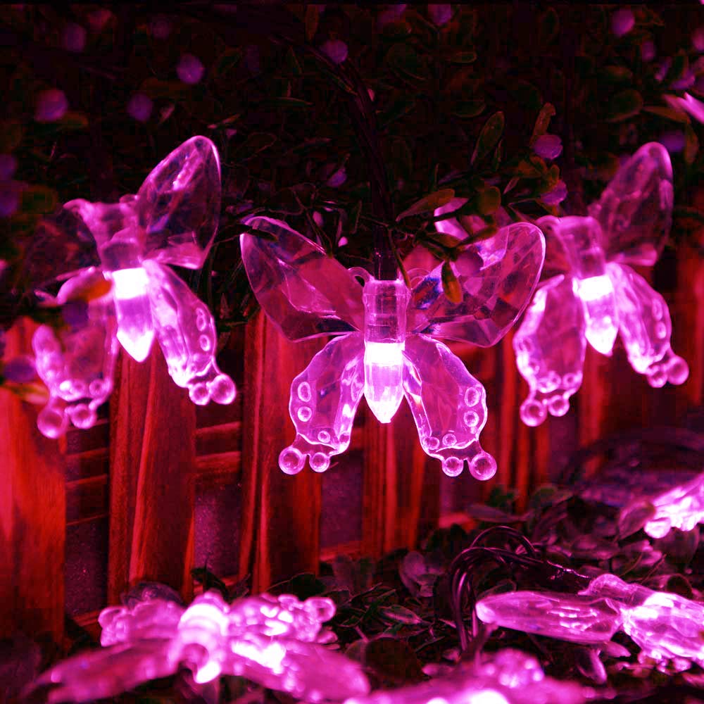 WONFAST Solar String Lights, Waterproof 16ft 20LED Butterfly Christmas Fairy Lights Decorative Lighting for Home Party Wedding Patio Garden Porch Balcony (Pink)