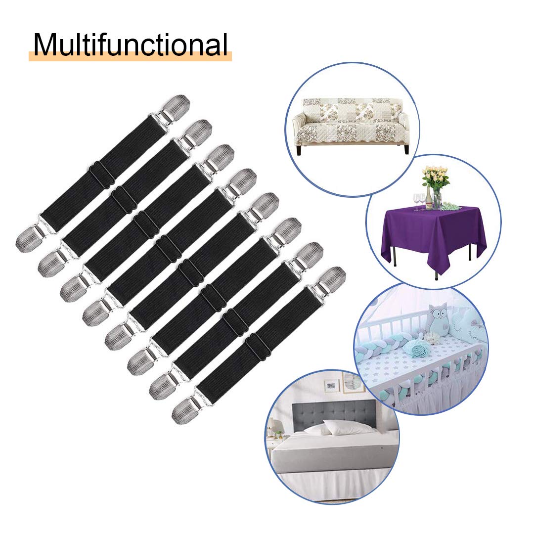 QoeCycth Adjustable Bed Sheet Straps Clips, Elastic Mattress Sheet Fasteners Holder and Suspenders, Grippers to Hold Sheet, Mattress, Sofa, Couch, Table Cloth, Ironing Board Cover, 8Pcs, Black
