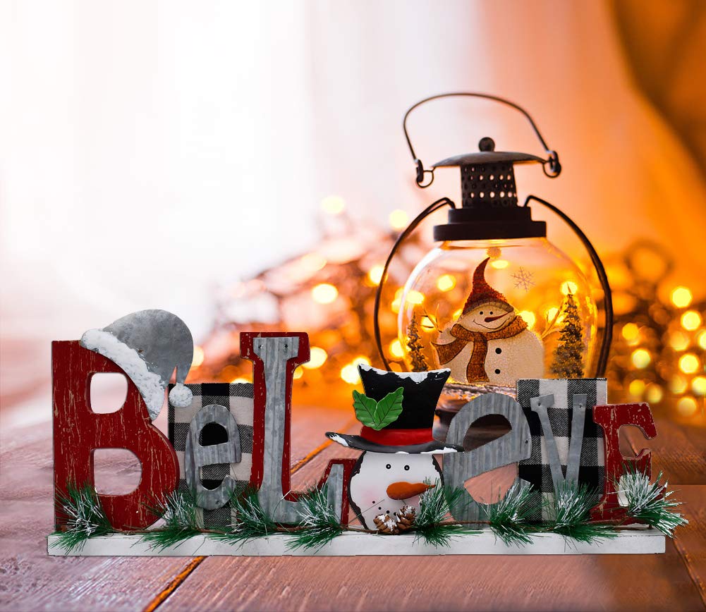 Morning View Wooden Believe Sign - Rustic Christmas Decor, Wood Letters Seasonal Word Cutout Block, Table Decorations, Snowman Table Sign, Holiday Xmas Home Decor