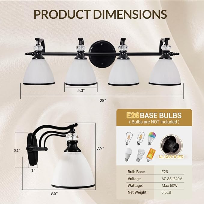 ANDY STAR Modern Bathroom Light Fixtures, 4-Light Vanity Lights, 28 inch Farmhouse Wall Sconces, Black Wall Lamp with Milky Glass, Well-Made Bathroom Lighting Fixtures Over Mirror for Living Room
