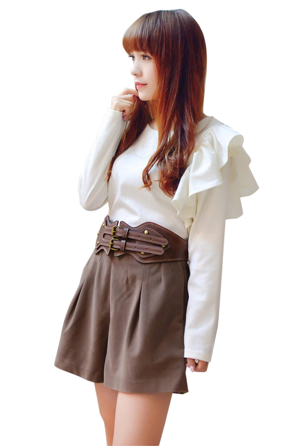 ICSTH Womens Obi Belt Vintage PU Leather Elastic Wide Waist Belt Fashion Retro Wide Belts (BROWN, 92CM)
