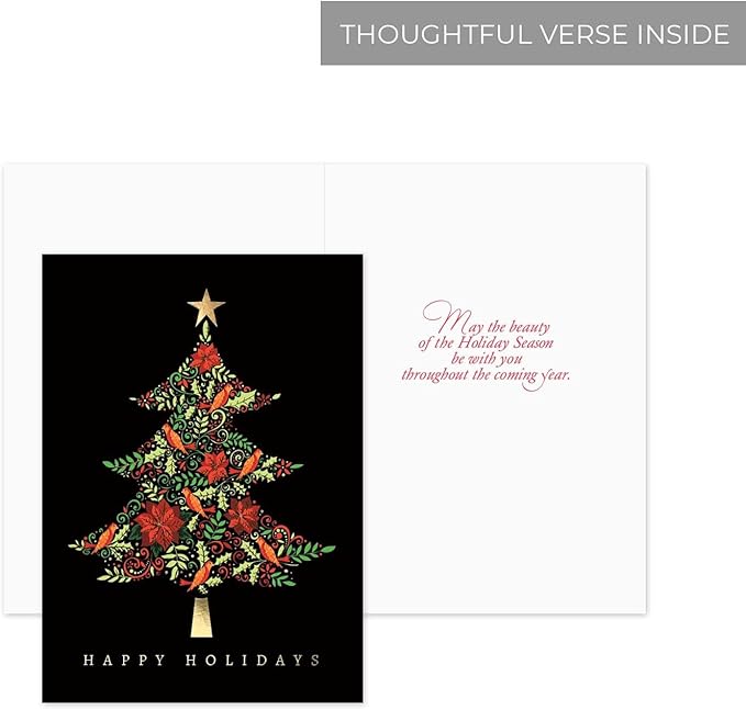 Masterpiece Tapestry Christmas Tree Cards / 16 Winter Holiday Cards Set With Gold Foil Accents And Coordinating Gold Foil Lined White Envelopes / 5 5/8" x 7 7/8" Folded Greeting Cards With Inside Verse