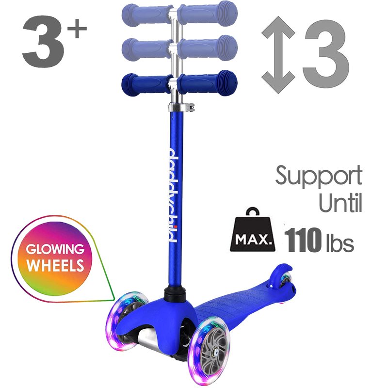 3-Wheel Kick Scooter for Kids Ages 3-8 Lean-to-Steer Toddler Scooter with Extra Wide Light Up Wheels, 4 Adjustable Heights, Foldable Scooters for Boys & Girls, Max Weight 110lbs (Blue)