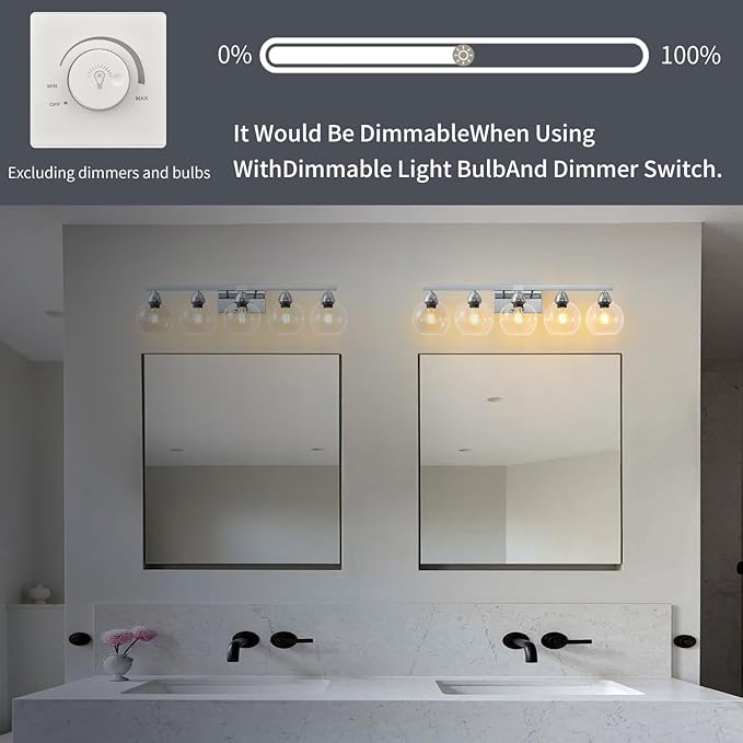5-Light Bathroom Light Fixtures, Silver Vanity Light with Ultra-Clear Hand-Blown Glass, Durable & Elegant, Wall Lamp for Mirror, Bedroom, Kitchen