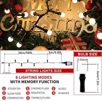 LED Christmas Lights Outdoor,300LED 105Ft 8 Modes Plug-in Connectable Waterproof Globe String Lights for Outdoor & Indoor Decorations (Warm White)