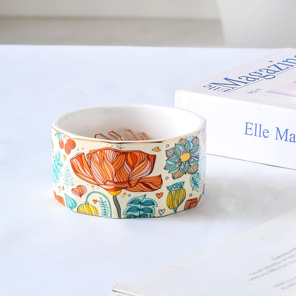 Aesthetic Desk Organizer Set of 2 For Office, Pen Holder and Paper Clip Holder Dispenser, Ceramic Cute Pencil Cup for Desk, Desktop Accessories, Office Decor, Ideal Gifts for Women, Mom (Flower)
