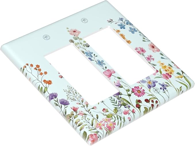 Rustic Wild Floral Vintage Blue Watercolor Flower 2 Gang Rocker Decora Light Switch Covers Decorative Unique Dual Outlet Covers Wall Plate Electrical Faceplate Switchplate GFCI for Bedroom