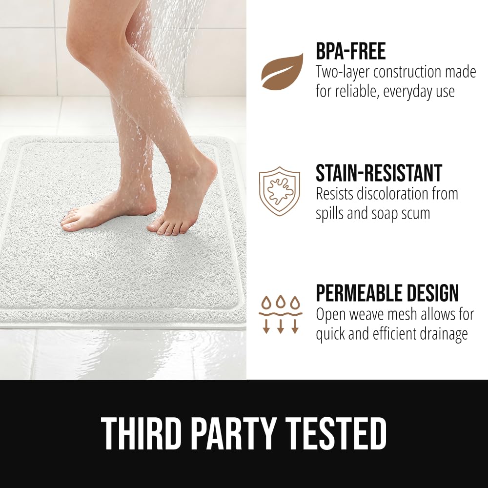 GORILLA GRIP Exfoliating Bath and Shower Mat, Textured Backing, 35x16 Soft Loofah-Style Foot Scrubber for Outside or Inside Bathtub, Quick Dry Easy Drainage Tub Floor Mats, Bathroom Essentials, White