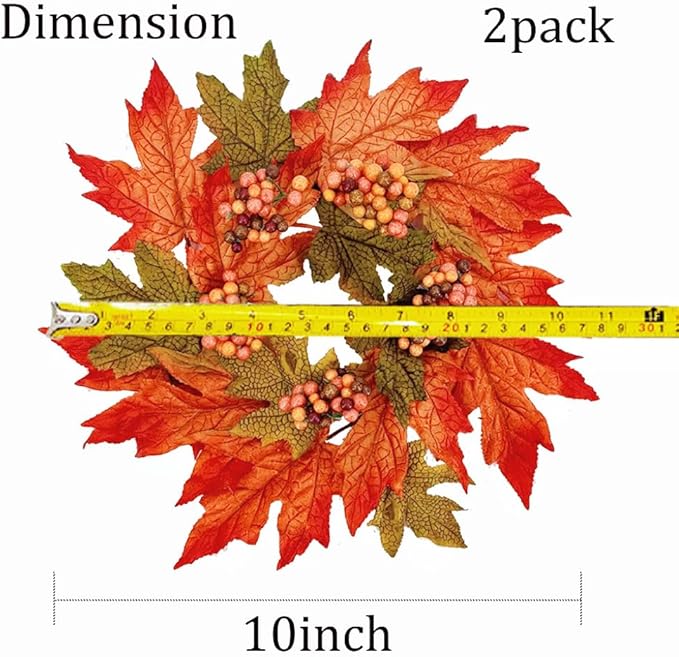2Pcs Thanksgiving Candle Wreath, 10 Inch Fall Maple Leaf witn Artificial Berries for Cabinets Farmhouse Festive Candlesticks Centerpieces for Thanksgiving, Wedding Party, Dinner Table Decor