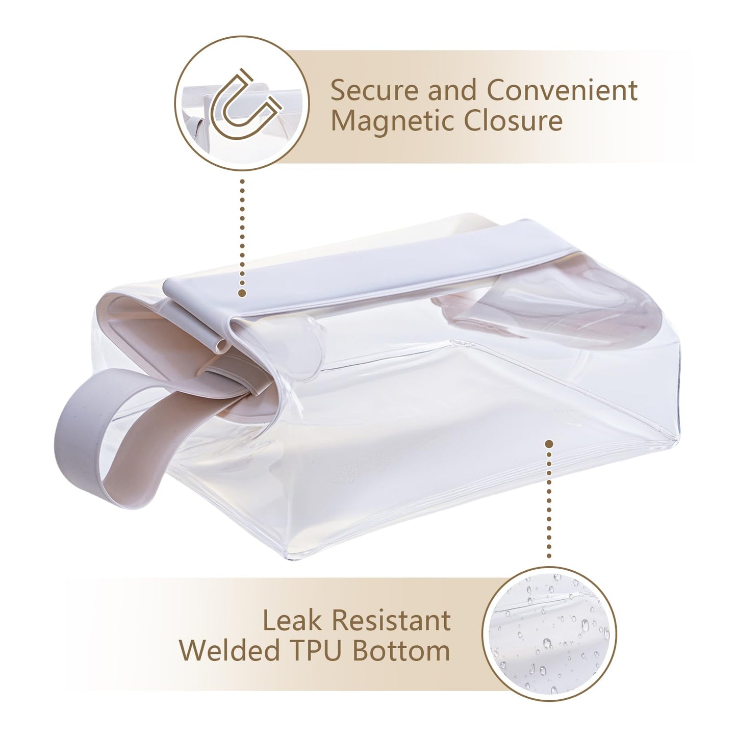 Uriyesobida TSA Approved Clear TPU Toiletry Bag with Magnetic Closure Leak Resistant Makeup Bag Cosmetic Pouch Dopp Kit Travel Essentials Bag Magnetic Travel Container Organizer Pouch (Beige)