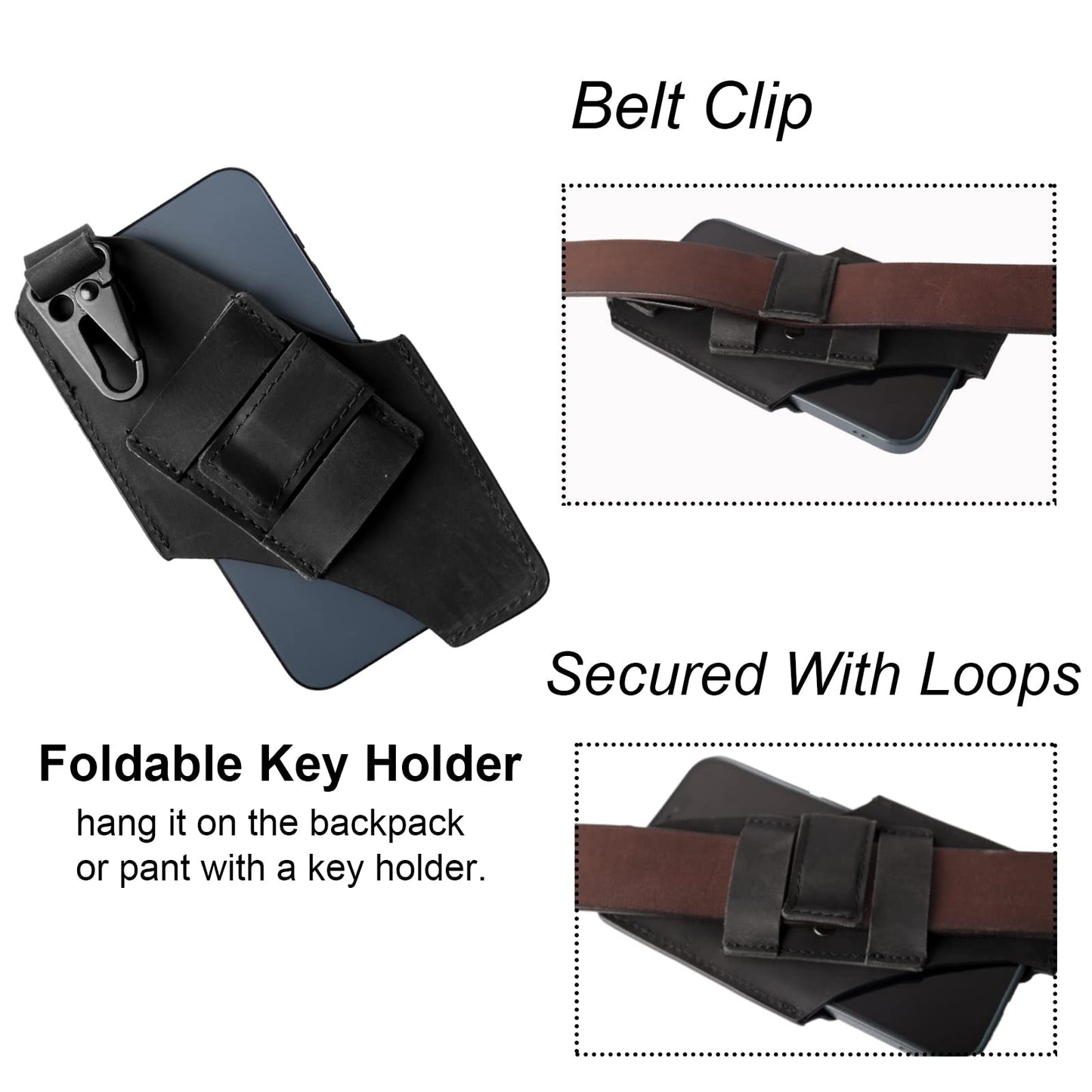Gentlestache Leather Cell Phone Holster with Belt Clip,Leather Phone Pouch for iPhone Samsung Motorola,Belt Case with Belt Loops,Leather Phone Case on Belt,Cell Phone Sheath,Large Size,Black