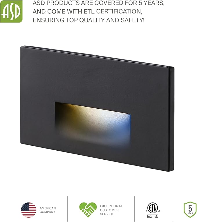 ASD LED Recessed Step Light Fixture, Dusk to Dawn Outdoor Stair Tread Lighting | 3CCT, Photocell, Waterproof, ETL Listed | 3W 120LM 3000K-5000K 120V | Staircase Hardwired Illumination | Dark Bronze