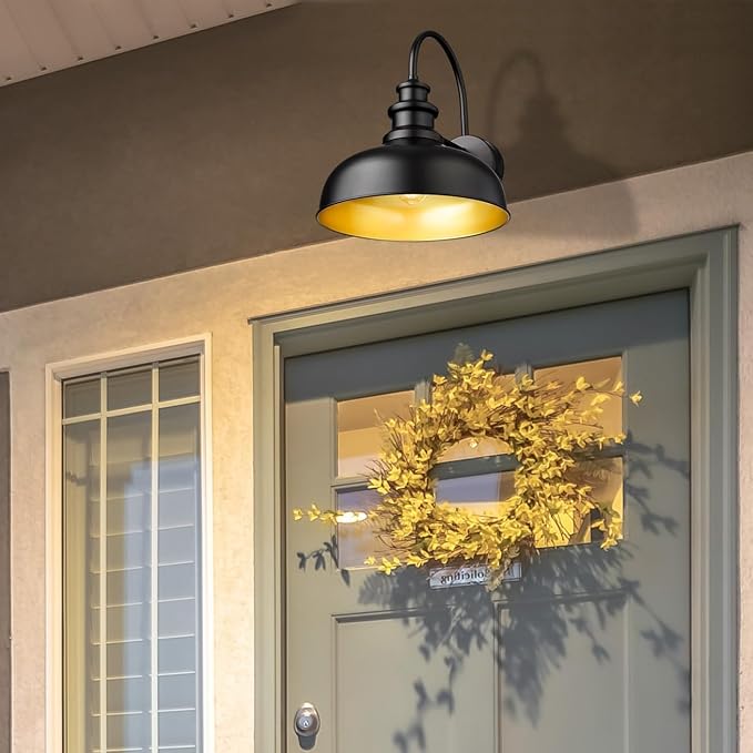Bestshared Gooseneck Barn Light 14 Inch Dome Farmhouse Outdoor Wall Sconce,Exterior Wall Mount Lighting Fixture Outdoor Lantern Lamp for Front Door, Entryway,Patio,Garage (Black+ Gold, 14” Dome-2Pack)