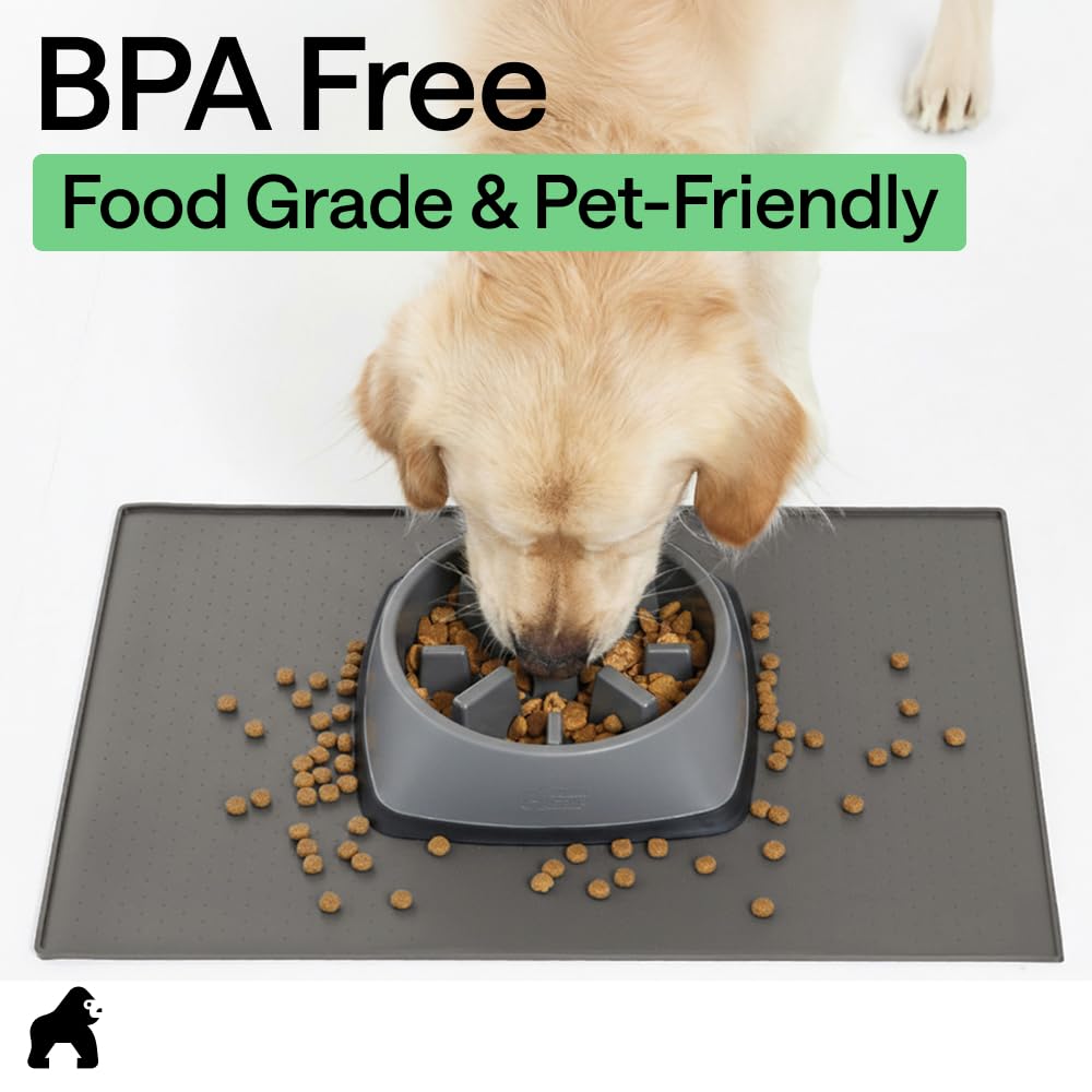 GORILLA GRIP 100% Waterproof Raised Edge BPA Free Silicone Pet Feeding Mat, Dog Cat Food Mats Contain Spills Protects Floors, Placemats for Cats and Dogs Water Bowl, 18.5x11.5, Gray