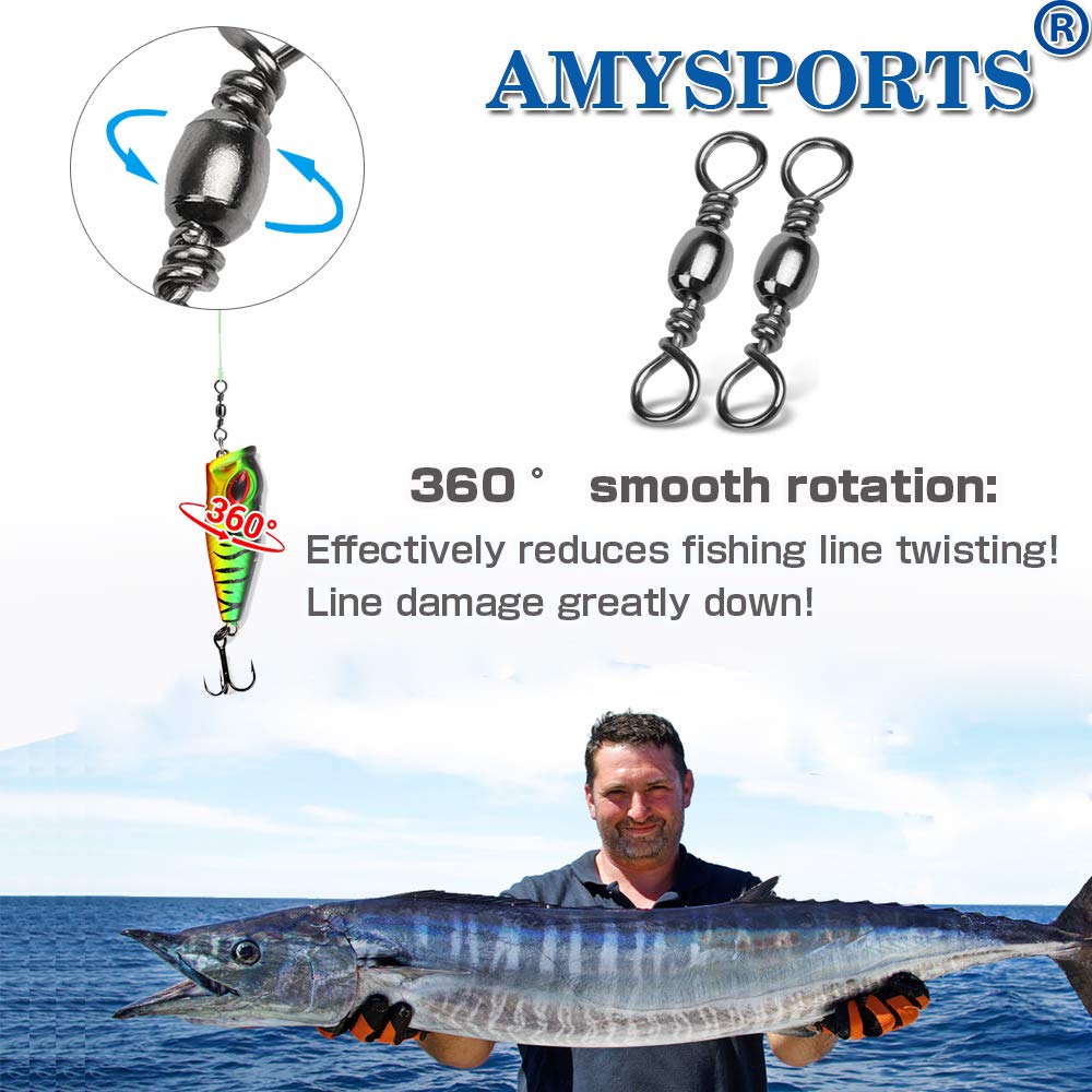 AMYSPORTS High Strength Fishing Swivels - Barrel Solid Ring & Rolling Fishing Tackle Line Connectors - Saltwater & Freshwater - Stainless Steel Accessories - 100pcs - 31lbs