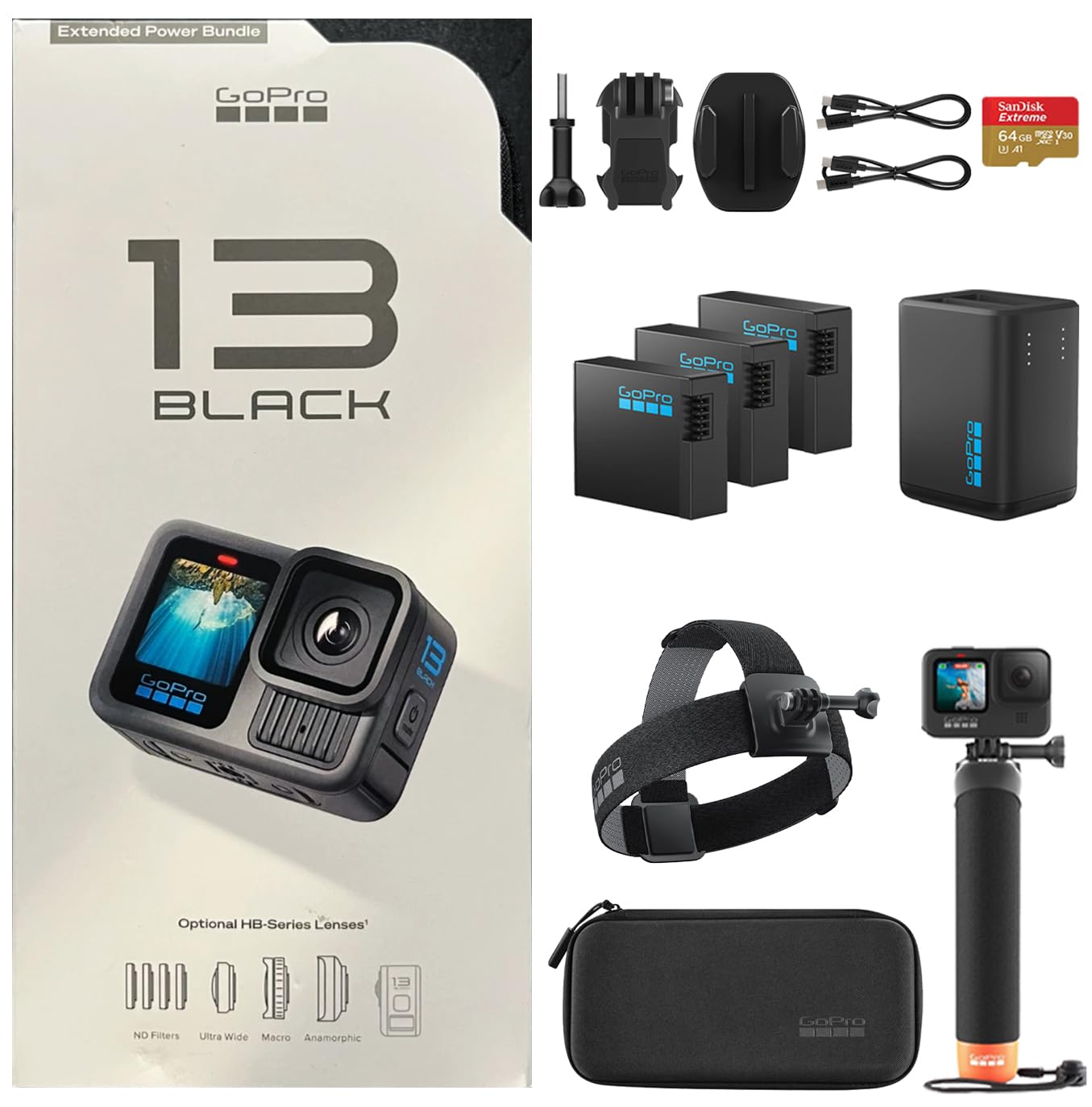 GoPro HERO13 Black Camera with 3 Enduro Batteries | Waterproof 5.3K60 Action Camera with Dual-Battery Charger & SanDisk 64GB Extreme SD Card | Head Strap 2.0 and Handler Floating Handgrip, Bundle Kit