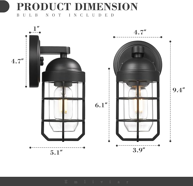 Emliviar Farmhouse Outdoor Wall Light, 2 Pack Wall Light Fixtures with Clear Tempered Glass, Black Finish, GE255B-2PK BK