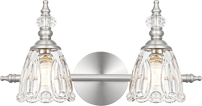 Vintage Vanity Light Fixtures for Bathroom, 2 Light Brushed Nickel Vanity Lighting Over Mirror, Bathroom Light Fixtures with Flower Clear Glass, Farmhouse Sconces Wall Lighting for Hallway