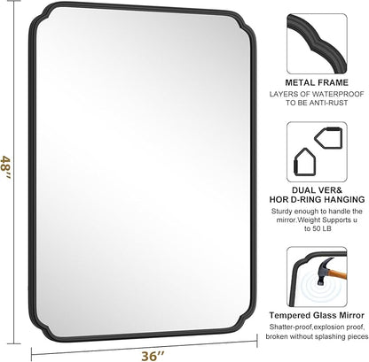36 x 48 Inch Black Bathroom Vanity Mirror for Wall with Non-Rusting Metal Frame Large Rounded Rectangle Mirror for Over Sink (Horizontal/Vertical)