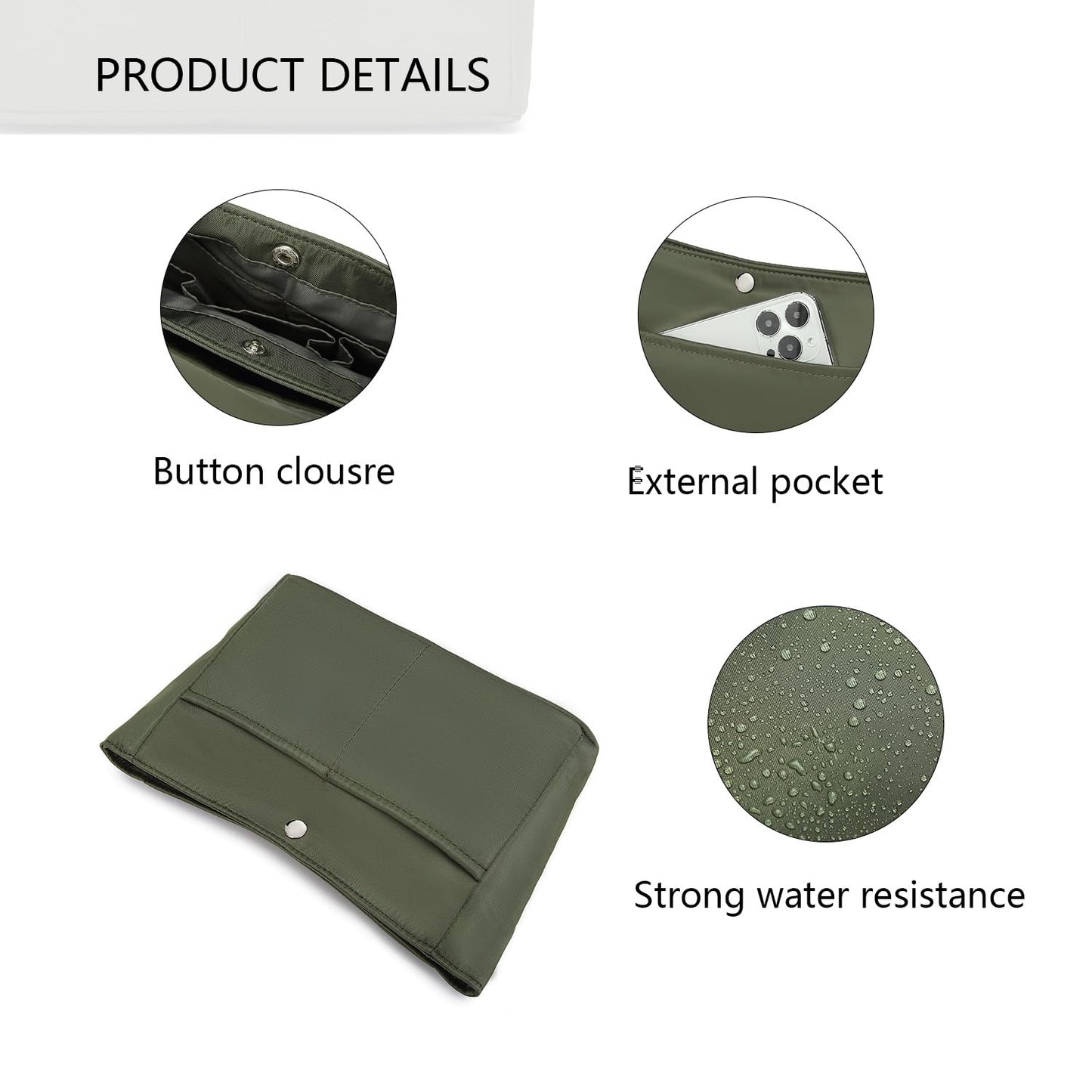 YONEBN waterproof Storage Bag Lightweight Large Capacity nylon Bag Inner Bag Handbag Organizer (Nylon/Army Green)