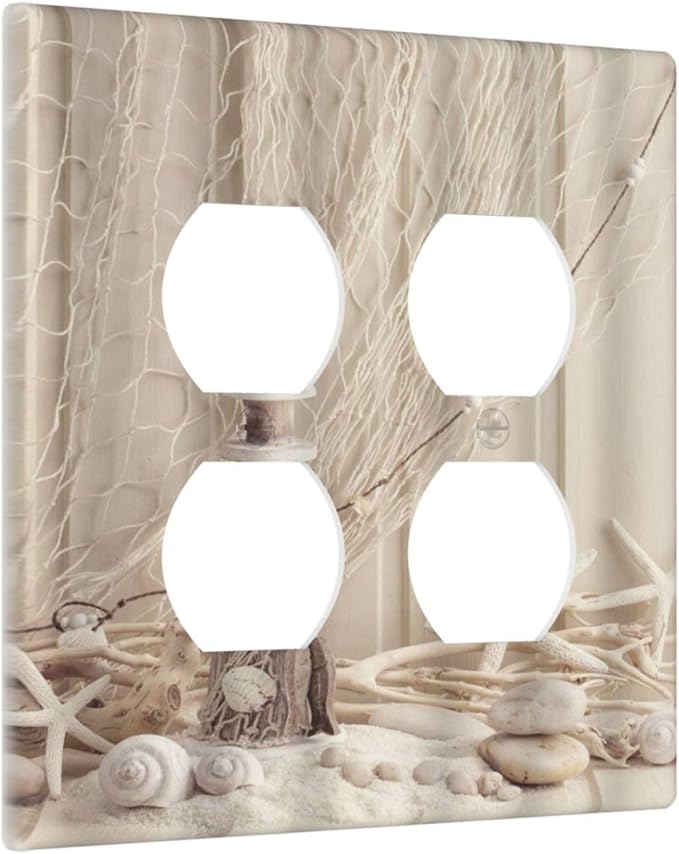 Decorative Light Switch Cover Plate Nautical Coastal Seashell Fishing Net Ocean Lighthouse Starfish 2 Gang Socket Covers Double Duplex Wallplates Switch Plates and Outlet Covers for Bathroom Home