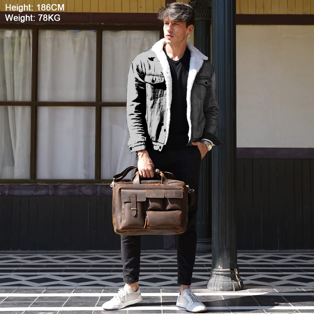TIDING Full Grain Leather 17.3 Inch Laptop Briefcase for Men, Multi Pockets Work Bag Business Travel Messenger Shoulder Bag