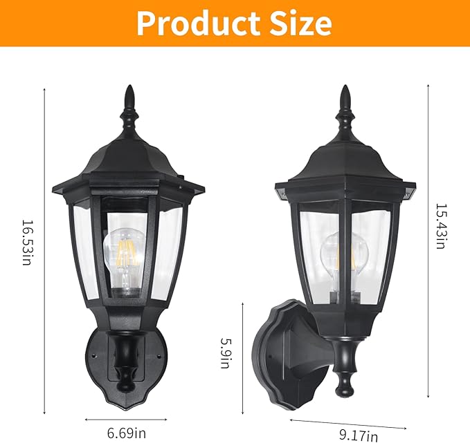 FUDESY 1-Pack 15 1/3" High Classic Outdoor Wall Lantern, 3000K Dimmable LED Edison Filament Bulb Included, Anti-Corrosion Plastic Materials, Black, FDS2542EB1