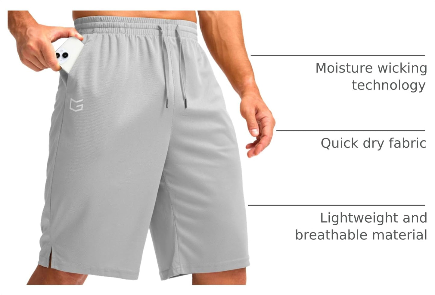 G Gradual Men's Athletic Shorts with Pockets 9" / 11" Long Basketball Shorts Lightweight Quick Dry Gym Workout Shorts for Men(Light Gray,M)