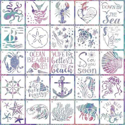 25 PCS Sea Ocean Creatures Stencils Reusable Sea Animal Templates for Painting, Mermaid Stencils for Scrapbooking Drawing Wood Wall Floor Furniture Rock Decor DIY Crafts Projects 5 x 5 Inch