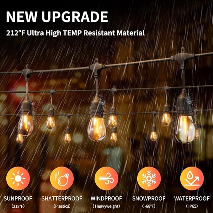 100FT LED Outdoor String Lights with 60+4 Waterproof Bulbs(1.5FT Bulbs Spacing), Remote & Dimmer, Commercial Grade Patio Lights with 3 Mode Light & Timing, 100PC Ties