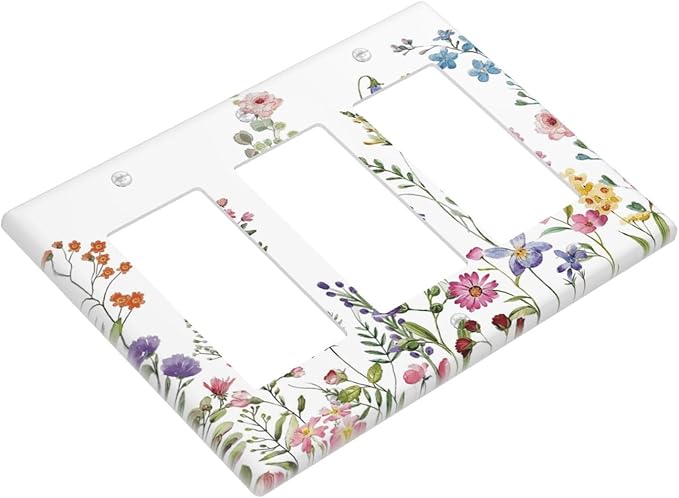 Rustic Wild Floral Vintage Watercolor Flower Triple Rocker/Decora Wall Plate 3 Gang Light Switch Outlet Cover Plate Decorative Switchplate Electrical GFCI Faceplate for Kitchen Bedroom Decor