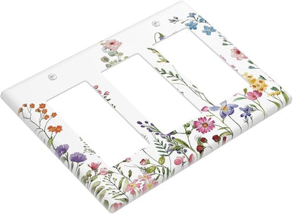 Rustic Wild Floral Vintage Watercolor Flower Triple Rocker/Decora Wall Plate 3 Gang Light Switch Outlet Cover Plate Decorative Switchplate Electrical GFCI Faceplate for Kitchen Bedroom Decor