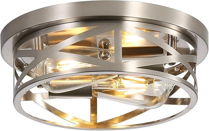 Close to Ceiling Light Fixtures, 2-Light Brushed Nickle Flush Mount Ceiling Light, 11 Inch Metal Cage Cross Modern Indoor House Ceiling Lights for Kitchen Bedroom Living Room Foyer Hallway Office