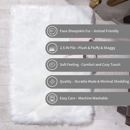 Carvapet 2x4 White Faux Sheepskin Rug - Soft Shaggy Bedside Floor Carpet, Plush Fuzzy Throw and Long Faux Fur Mat for Bedroom Living Room Chair Sofa