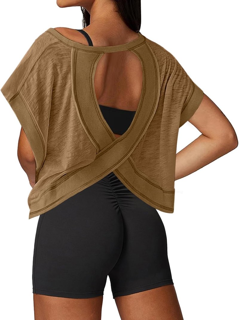 Open Back Workout Tops for Women - Loose Fit Athletic Crop Tee for Gym & Yoga | Short Sleeve