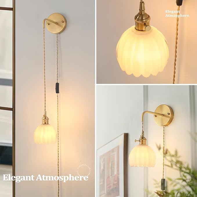Vintage Wall Sconce with White Tulip Glass Shade Hanging Wall Sconce with 4.9FT Plug in Cord, Modern Wall Lamp Fixtures Decor for Bedside Bedroom Indoor Doorway