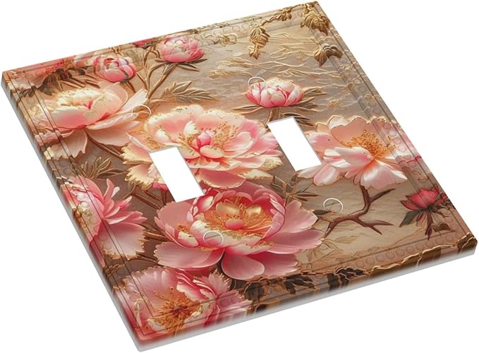 Pink Blooming Flowers Peonies Floral Light Switch Covers Double Toggle 2 Gang Wall Plate Dual Decorative Switch plate Electrical Faceplate for Farmhouse Living Room Decor