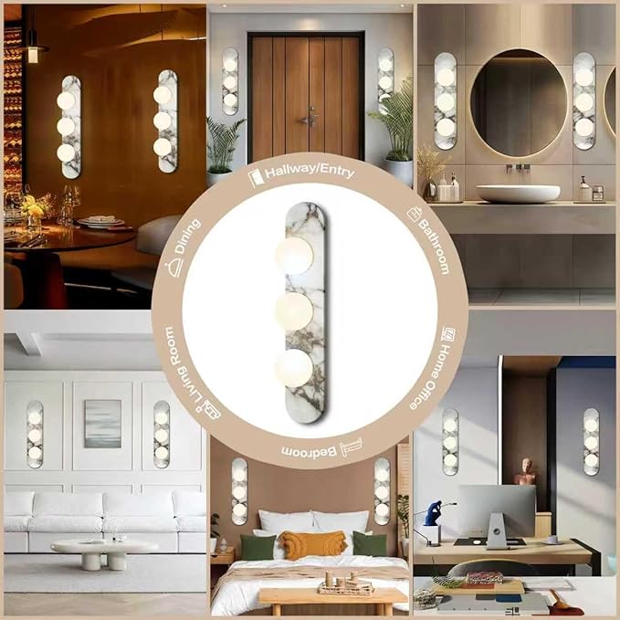 Natural Marble Wall Sconce with Alabaster Glass Globe, Modern Hardwired Wall Light Fixture for Bedroom, Bathroom, Dining Room, Hallway, Stairs (3-Light Sconce)