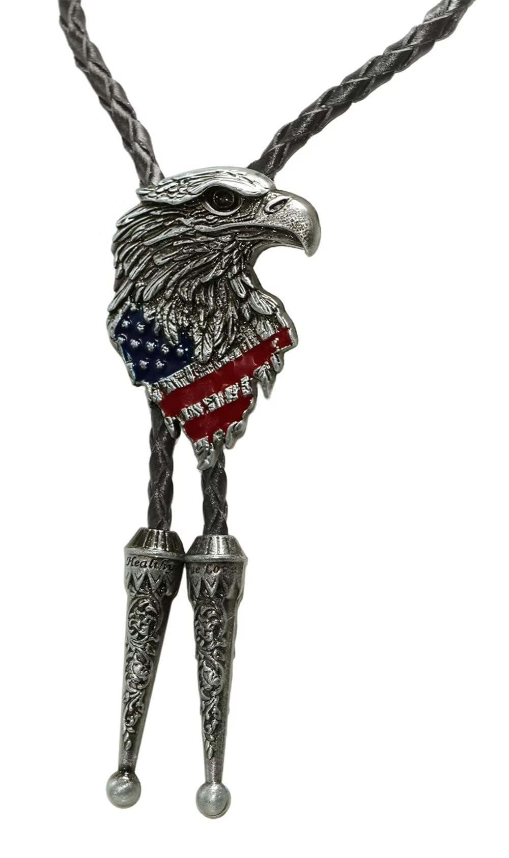 Moranse USA Pride Eagle And Americal Flag Western Bolo Tie with Cowboy Style Genuine Cowhide Rope(Silver color)