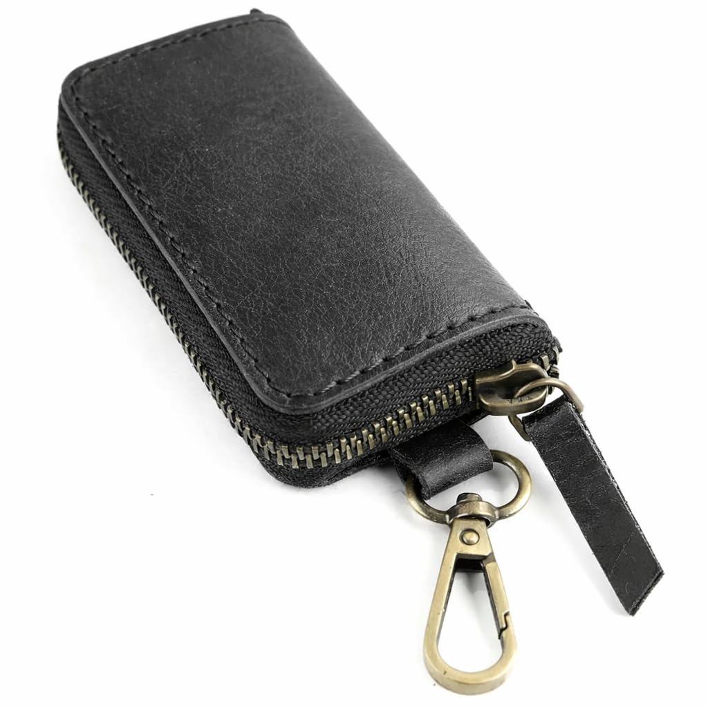 Handmade Full Grain Leather Car Key Holder & Zippered Coin Purse | Belt Loop Key Chain, Compact Earphone Holder Multi-Functional Money Purse Elegant Leather Accessory Versatile Key Organizer (Black)