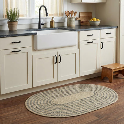 Cotton Braided Rug - 3' X 5' Beige and Charcoal Oval Woven Farmhouse Rug for Kitchen - Braided Minimalist Rugs for Entryway - Rustic Primitive Rugs for Bedside