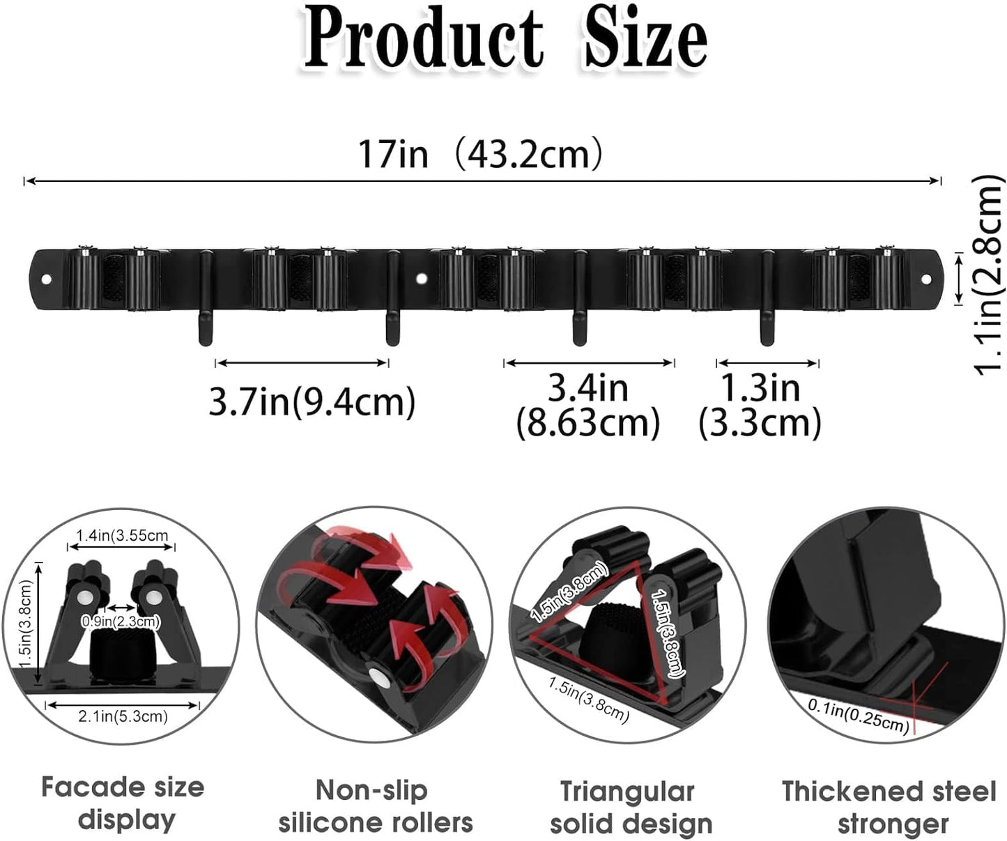 AceMining 5 Racks and 4 Hooks Mop and Broom Holder Wall Mount, Broom Organizer Storage Tool Racks Stainless Steel Heavy Duty Hooks Self Adhesive Solid Non-slip for Home Kitchen Garden Laundry Garage