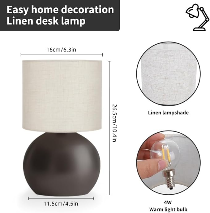 Small Table Lamp for Bedroom,Bedside Nightstand Lamp for Living Room,Minimalist Bedside Light lamp Set of 2, 10.4 Inch Desk Light for Bedroom, Living Room,Including Light Bulb（Brown）