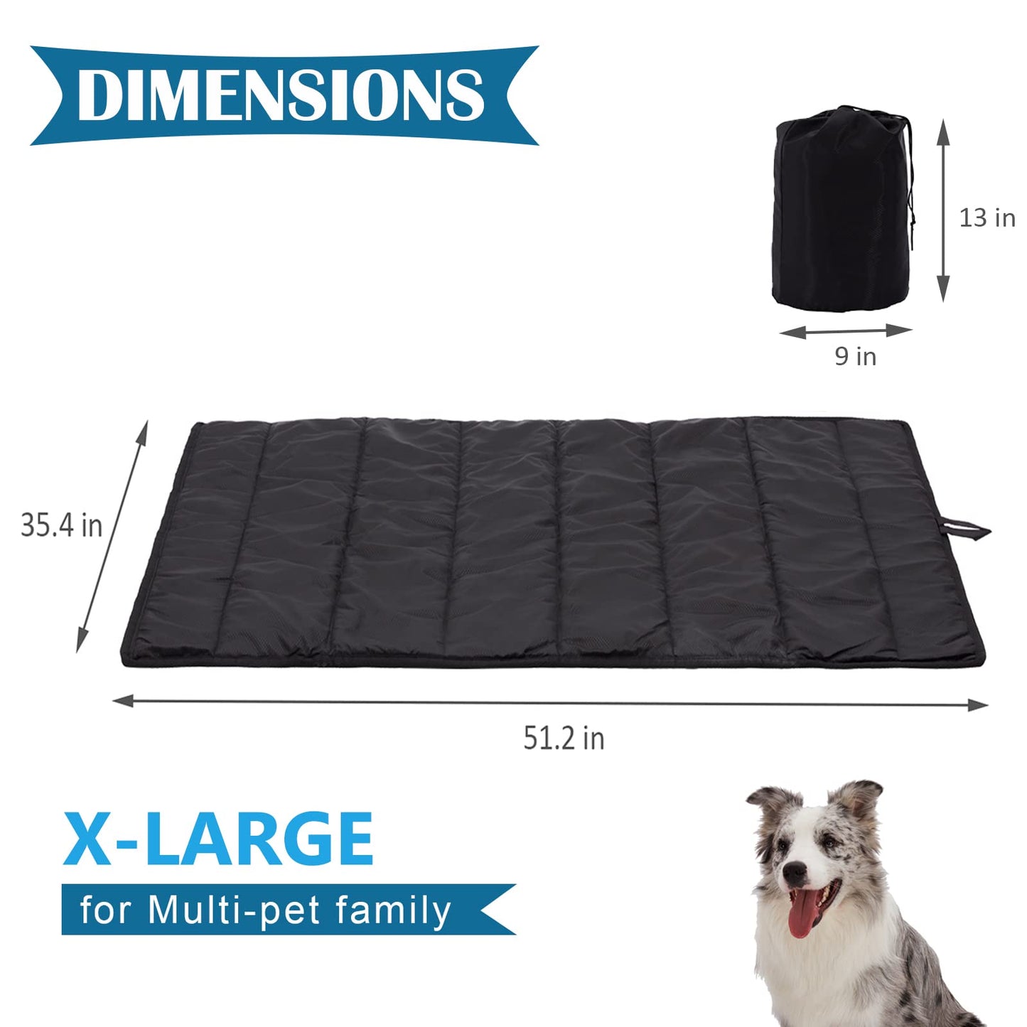 BDEUS X-Large Travel Dog Bed, Outdooor Camping Pet Mat, Portable Place Mat with Handle, Easy to Clean, Waterproof & Portable and Odor Resistant Pet Cooling Pad (X-Large 51" x 35", Black)